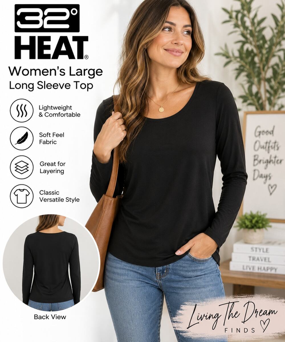 32 Degrees Heat Women’s Large Black Long Sleeve Scoop Neck Shirt NWT